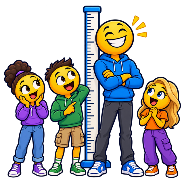 A group of cheerful characters comparing their heights.
